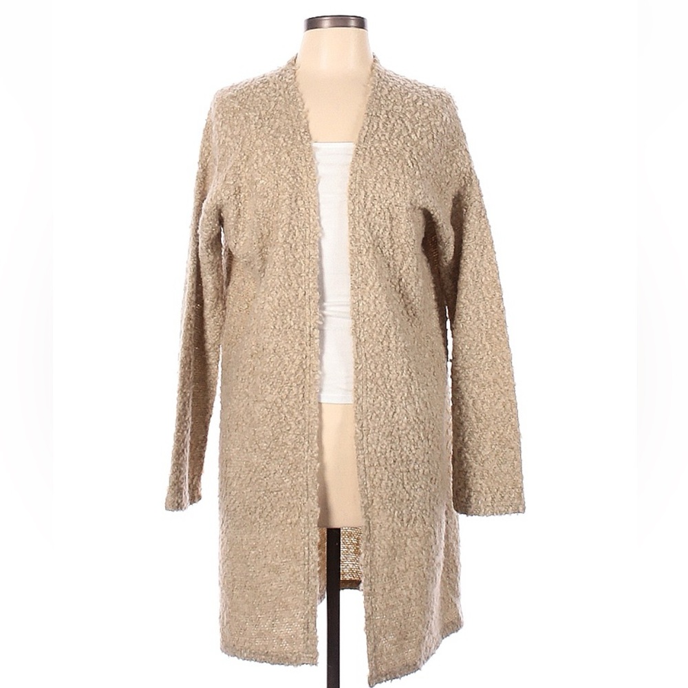 SHILLA The Label Cardigan Sweater Womens L Tan Longline Open Teddy Wool Blend